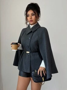 Rafferiza Manteau châle en tweed de couleur unie avec ceinture Shein Raffinea 2025, automne pour femmes, convient pour les sorties et les fêtes en automne et en hiver - Gris foncé - Voir 5
