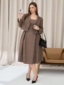 Auralis 春季大码纯色单排扣长袖西装外套连衣裙优雅套装