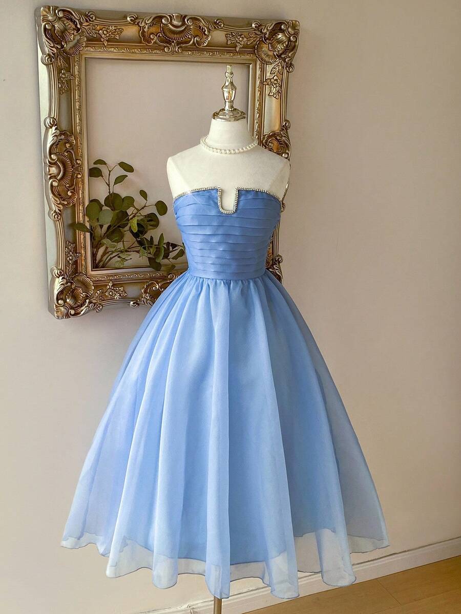 Lovelzi 优雅浪漫的蓝色欧根纱褶皱钢圈收腰喇叭长裙，适合生日派对、约会、婚礼、晚会、舞会礼服 - 藍色 - 查看 1