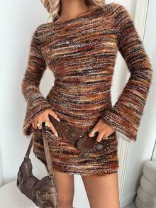 Aloruh Women's Striped Open Back Tie-Up Design Long Sleeve Fashionable Mini Dress - Multicolor - View 6