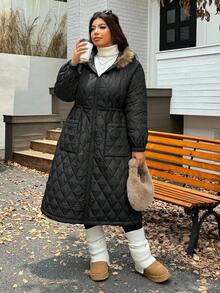 SHEIN EZwear Áo khoác dài chần bông dày cỡ lớn, mùa đông - màu đen - Xem 3