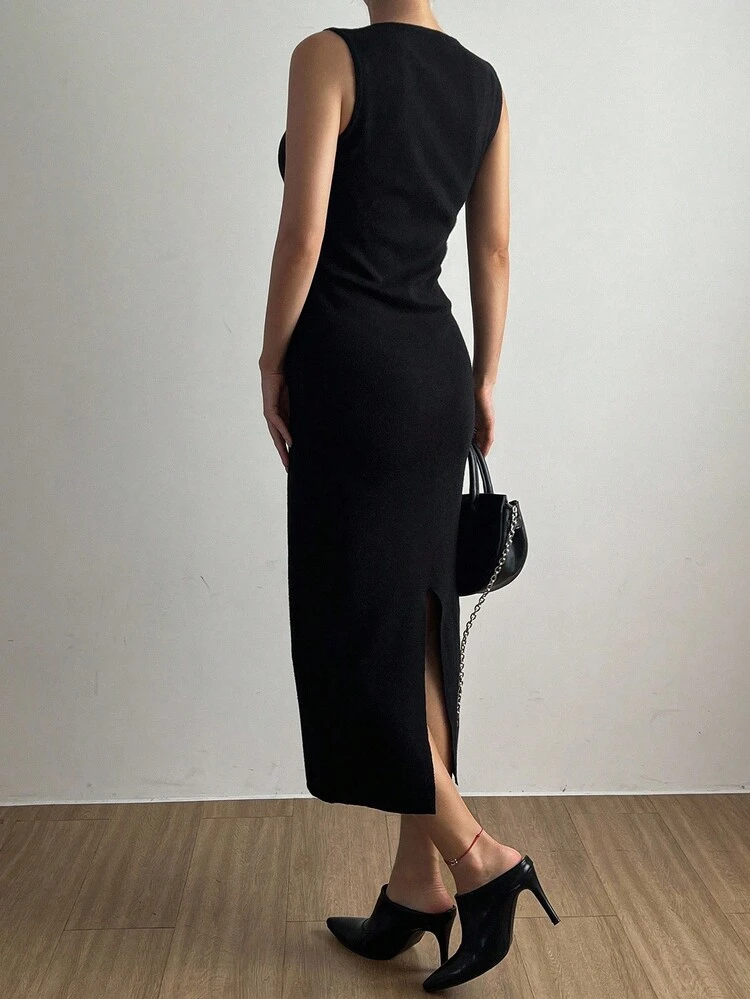 Women's Solid Color Crew Neck Sleeveless Fitted Fashionable Versatile Knit Sweater Dress