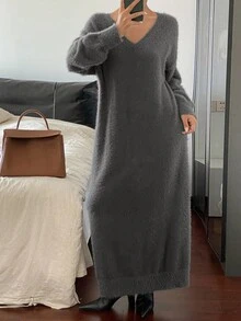 Livesso 女式纯色简约V领长袖毛衣裙秋冬 - 灰色 - 查看 1