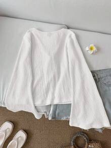 SHEIN LUNE Áo nữ tay loe màu trơn dáng rộng, áo sơ mi trắng thắt nơ phía trước, áo kiểu thắt nơ cổ chữ V, áo trắng nữ, áo sơ mi trắng, áo kiểu thường ngày. - trắng - Xem 2