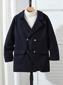 1 件男童羊毛纯海军蓝舒适夹克外套，适合旅行、日常穿着、秋冬、中长款