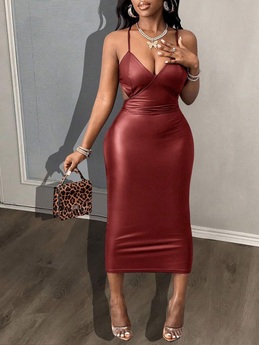 Slaydiva Summer New Style Elegant Sexy Strapless Back Cross Design Backless Waist Slim Midi Skirt Black PU Women's Dress