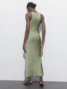 Maija Robe midi en satin vert sauge élégante pour femme, robe de mariée d'été, sans manches, col drapé, volants, en soie, robe de soirée formelle pour brunch, tenues de Noël - Vert - Voir 2
