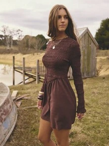 Aralina Fall Winter Elegant Chic Crew Neck Shirred Body And Sleeve Textured Fabric Detail Long Sleeve Cute Going Out Babydoll Mini Dress Vacation Dress Thanksgiving Festival Outfits - Coffee - View 2