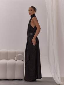 MUSERA Đầm maxi cổ cao, thắt lưng, dáng suông, gợi cảm, thích hợp cho các dịp đi chơi đêm, dự tiệc cưới, nghỉ mát, tiệc tùng, lễ tốt nghiệp, thanh lịch. - màu đen - Xem 3