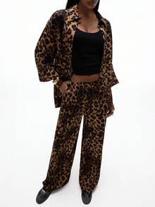 Aveloria GENKIRA 2pcs Set: Random Print Leopard Pattern 3/4 Sleeve Shirt Collar & Wide Leg Loose Pants Fall Cloth For Women - Multicolor - View 3