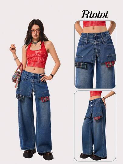 Rivivi Fashionable Double-Layer Waistband Plaid Patchwork Jeans