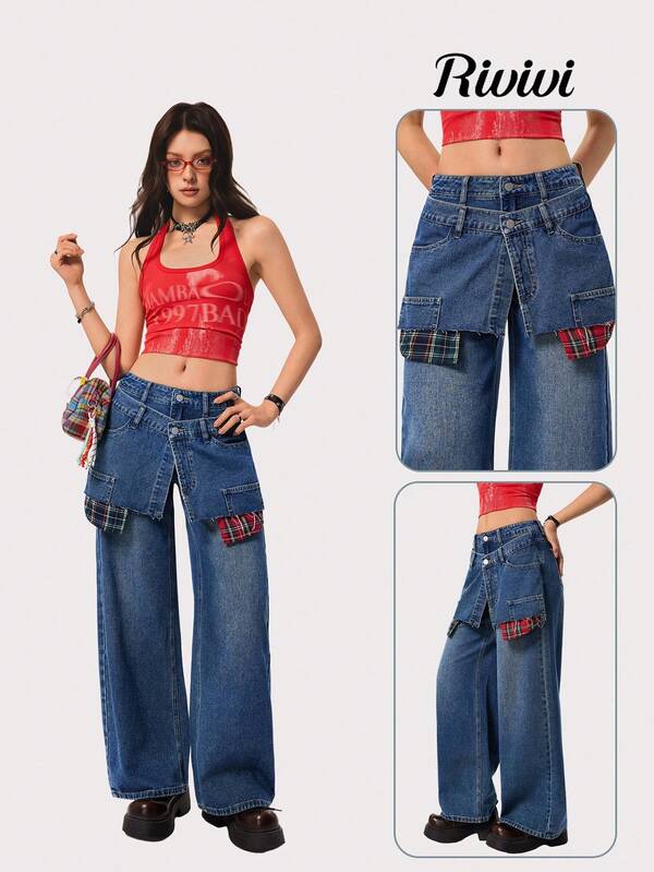 Rivivi Fashionable Double-Layer Waistband Plaid Patchwork Jeans