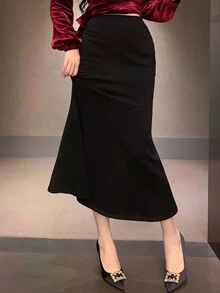 DAZY 女士优雅纯色美人鱼下摆毛衣半身裙，秋冬女装半身裙 - 黑色 - 查看 4