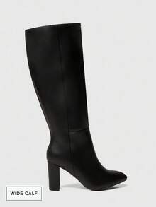 SHUZIA Women's Wide Shaft Almond Toe Block Heel Knee-High Boots For Christmas