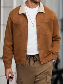 Manfinity CasualCool Áo khoác nam tay dài cổ màu tương phản, túi đơn cài khuy, áo khoác Sherpa màu nâu thời trang thu đông - Cà phê nâu - Xem 5