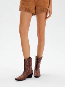 Styleloop 女士棕色方头粗跟白色刺绣图案时尚一脚蹬踝靴，适合万圣节、圣诞节、派对 - 棕色 - 查看 4