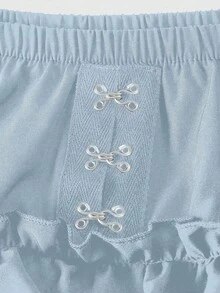 ROMWE Goth Dark Academia Style Women Pumpkin Shorts With Cute 3-Layer Ruffle Hem And Bow Decor - Blue - View 4