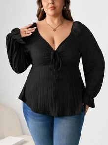 Enliva Quần áo dài tay thường ngày cỡ lớn cho nữ mùa thu, buộc ở ngực, vải mềm mại và thoải mái, áo phông đẹp cho mặc ở nhà và đi chơi, áo phông dài tay cổ hình trái tim màu trơn viền xếp nếp - màu đen - Xem 3