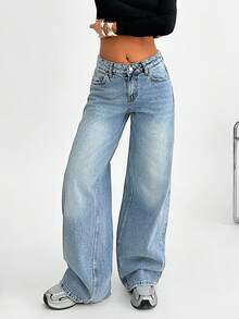 EURMUSE 女士阔腿牛仔裤，适合日常穿着 - 中等水洗藍 - 查看 4