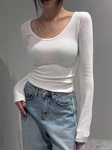 DAZY Áo ba lỗ cơ bản ôm vừa vặn, thoải mái, tay dài - trắng - Xem 8