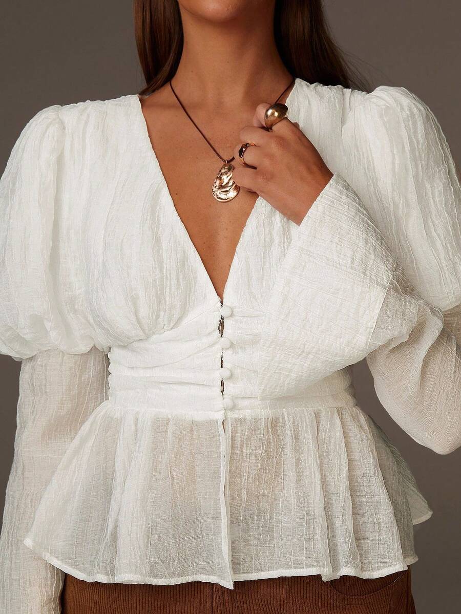 Athîral Women's Solid Color Deep V-Neck Puff Sleeve Button Design Ruffle Hem Elegant Fashion Blouse - White - View 1