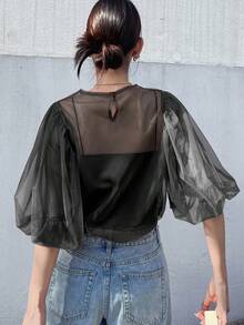 FRIFUL 女式纯棕色圆领泡泡袖透视网眼宽松休闲分层上衣 - 黑色 - 查看 5