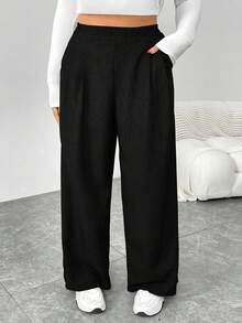 SHEIN Essnce Plus Size Women's Autumn And Winter Fashion Casual Loose Daily Comfortable Retro Gray Elastic Waist Wide Leg Pants,Women Bottom,Work Pants,Fall Outfits,Old Money,Vintage Pants,Curve Pants,Fall Clothes For Women