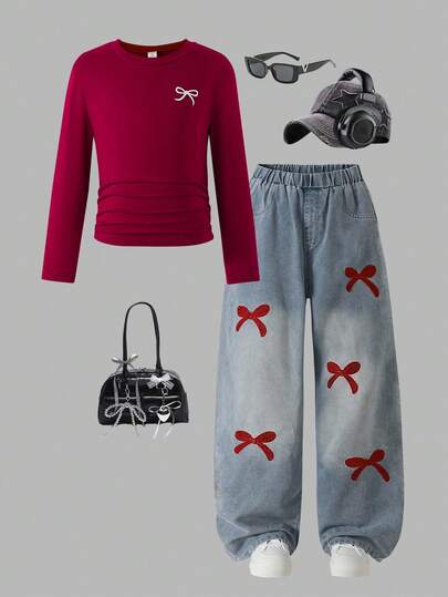 Sparklyn Girls' Autumn/Winter 2 Pieces Set, Burgundy Cute Bow Print Long Sleeve T-Shirt + Embroidered Bow Jeans Pants Casual Outfit, Suitable For Daily, Travel, Holiday, Halloween Fall