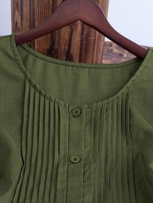 Linhara Plus Size Women Solid Color Long Sleeve Round Neck Pleated Front Loose Fit Elegant Vintage Versatile Casual Dress Fall Cloth For Women - Army Green - View 3