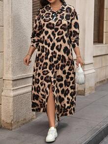 EMERY ROSE فستان قميص كاجوال فضفاض بتصميم كتف متدلي بطبعة نمر للمرأة البدينة، تصميم جيب وهمي، فستان طويل للربيع/الخريف - متعدد الألوان - مشاهدة 6