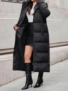 SHEIN Tall Women Padded Jacket With Side Belted Waist And Pockets, For Winter - Black - View 5