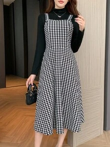 少女 2 件套：黑色千鸟格印花连衣裙和黑色高领修身 T 恤，优雅办公室套装千鸟格连衣裙中长连衣裙休闲连衣裙格子连衣裙格纹连衣裙长袖连衣裙 16 岁中长款女孩连衣裙长袖连衣裙长裙女孩 - 黑與白 - 查看 5