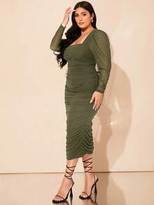SHEIN BAE Plus Size Fall Black Mutton Sleeve Mesh Gathered Square Collar Elegant Commuter Long Dress - Army Green - View 3