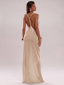 SHEIN BAE Women's Backless, Side Slit Hem Sexy Camisole Knit Dress In Fall/Winter - Khaki - View 5