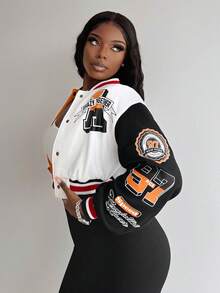 Slaydiva Colorblock Graphic Print Zip-Up Baseball Jacket Autumn Winter Clothes For Women - Orange - View 4