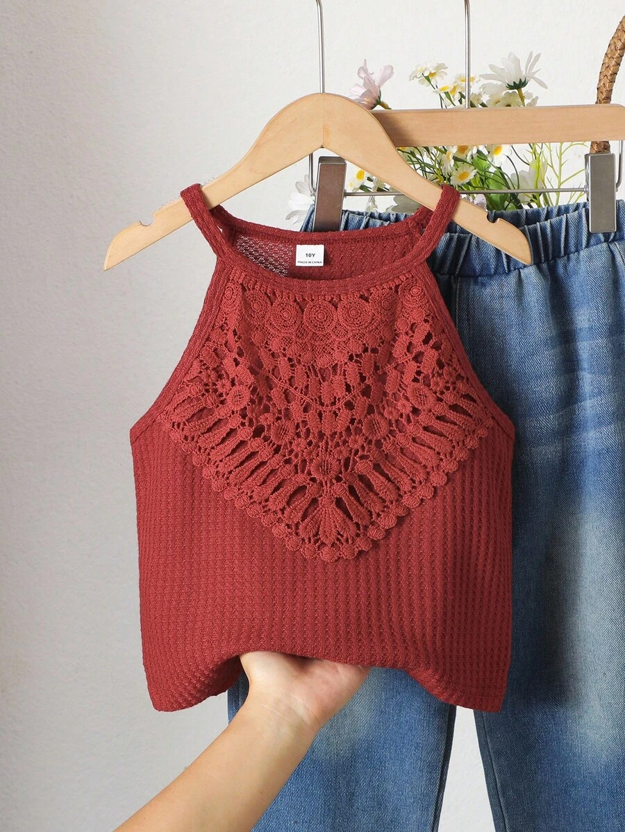 Sparklyn Girls' Vacation Beach Countryside Summer Crochet Lace Trim Fitted Cropped Camisole - Burgundy - View 1