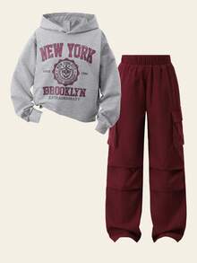 Tween Girls Casual Printed Hoodie & Cargo Pants Set - Burgundy - View 4