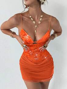 Aloruh Đầm hai dây cổ khoét sâu phối lưới lấp lánh gợi cảm mới, kèm quần short, váy ngắn chống nhấp nháy - trái cam - Xem 5