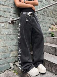 Manfinity EMRG 大码男士休闲水洗水钻装饰牛仔裤 - 黑色 - 查看 5