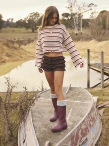 Aralina Fall Winter Wide Long Sleeve Mulit Colour Striped Knitted Cropped Sweater With Scalloped Hem And Cuff Detail - Multicolor - View 7