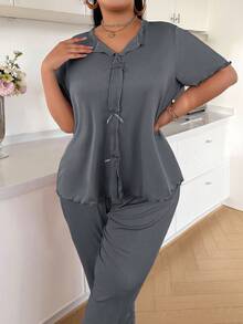SHEIN Conjunto de pijama de manga larga y pantalones de punto acanalado con decoración de lazo de unicolor, talla grande - Gris - Ver 3