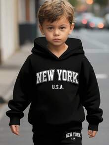 SHEIN 2pcs/Set Oversized Casual USA, New York, NY, Young Boys Print Hoodies And Pants Set, Suitable For Autumn And Winter