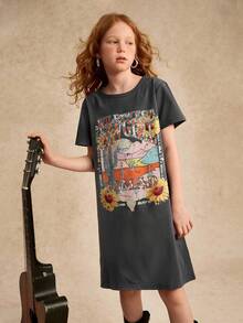 2025 Girls' Spring/Summer New Arrival Simple & Comfortable Gray T-Shirt Dress With Personalized Western Landscape Print, Expressive Style, Suitable For Outdoor Activities And Home Wear