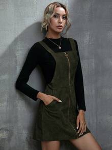LanaWest O-Ring Zip Up Corduroy Overall Dress - Army Green - View 4