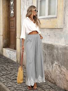 Brillora Women's Striped Wide Leg Palazzo Pants,Black And White Checkered,Summer,Boho,Vacation,Holiday Lace Patchwork Pockets Casual Loose Long Pants - Black - View 12