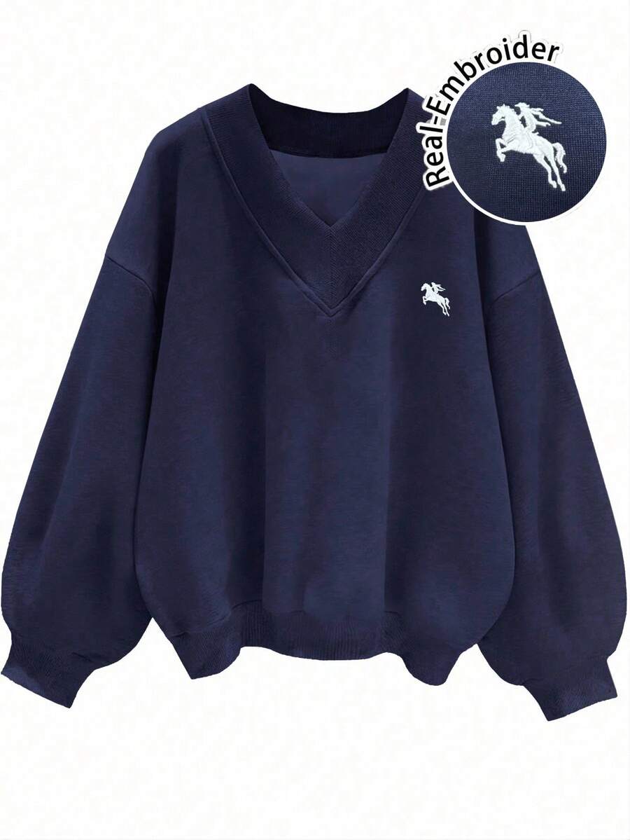 Slaydiva Áo nỉ rộng cổ chữ V thêu logo ngựa con phong cách đại học dành cho nữ, màu xanh navy, thích hợp cho mùa thu/đông, thích hợp cho lễ hội âm nhạc và trở lại trường học - Màu xanh hải quân - Xem 1