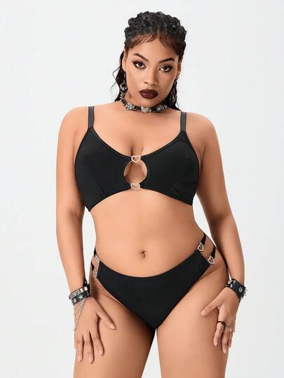Goth Set di lingerie con canotta e perizoma con decorazione a cuore in metallo, taglie comode