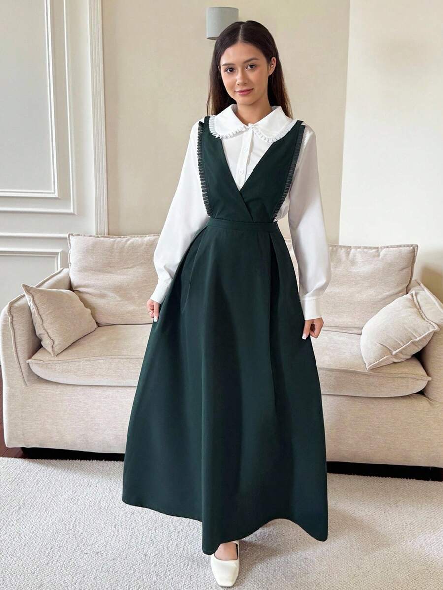 橄榄绿色简约图案长袖衬衫和连衣裙两件套，适合少女 - 墨綠色 - 查看 1