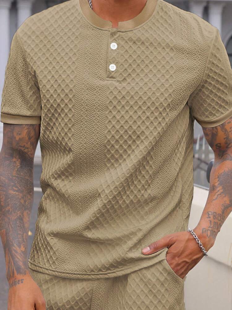 Manfinity Homme Polo casual para hombre con patrón de flores de cable, manga corta, para verano - Café integral - Añade 2