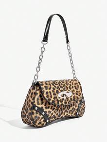 SHEIN ICON Ladies, Women Cow Print Shoulder Bag, Hobo Bag, Fashionable, Personalized, Simple, Versatile, Street, Sweet And Cool Girls, Hot Girls, Y2k, Retro, Vintage, Metal Chain - leopard print - View 2